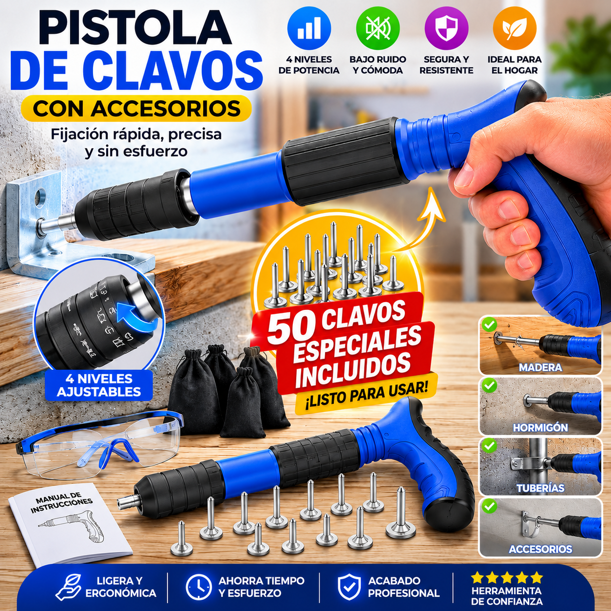 Pistola Clavadora Profesional (4 Niveles) + Accesorios | Fijación Rápida