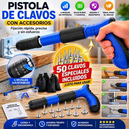 Pistola Clavadora Profesional (4 Niveles) + Accesorios | Fijación Rápida
