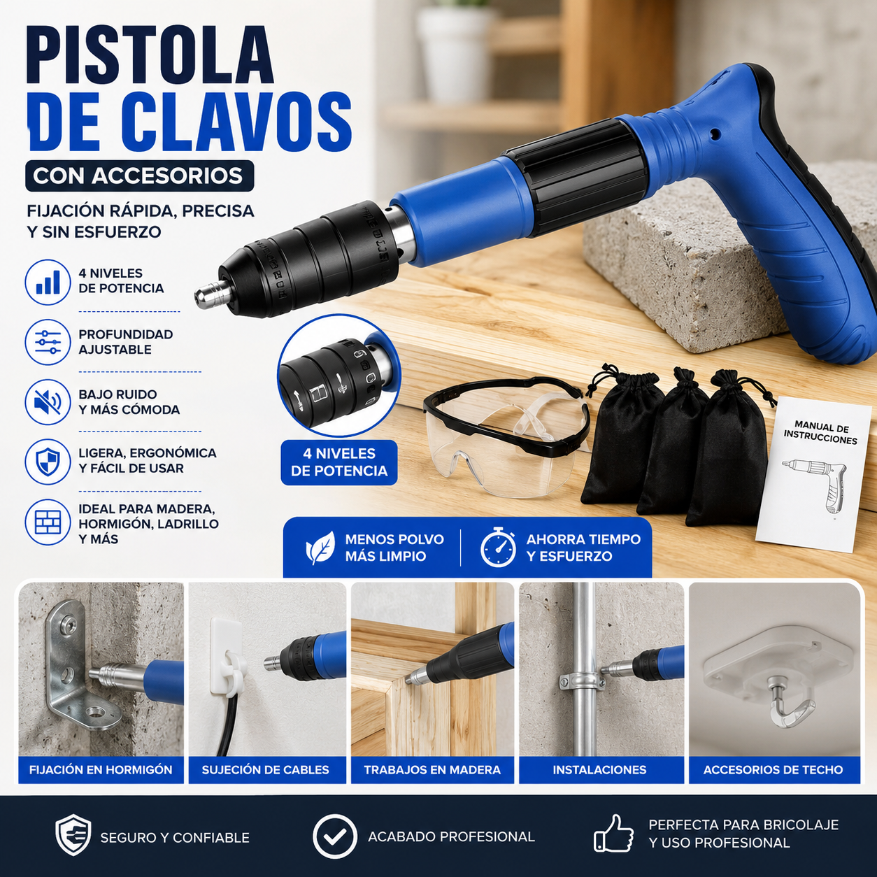 Pistola Clavadora Profesional (4 Niveles) + Accesorios | Fijación Rápida