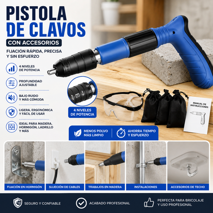 Pistola Clavadora Profesional (4 Niveles) + Accesorios | Fijación Rápida